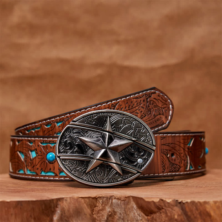 Men's DIY Pentagram Hidden Folding Knife Leather Belt - Pentagram - Turquoise Carved Belt - 42 - image 5