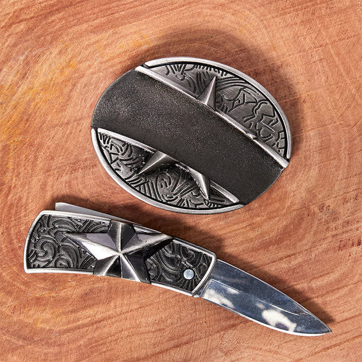 Men's DIY Pentagram Hidden Folding Knife Leather Belt - image 1