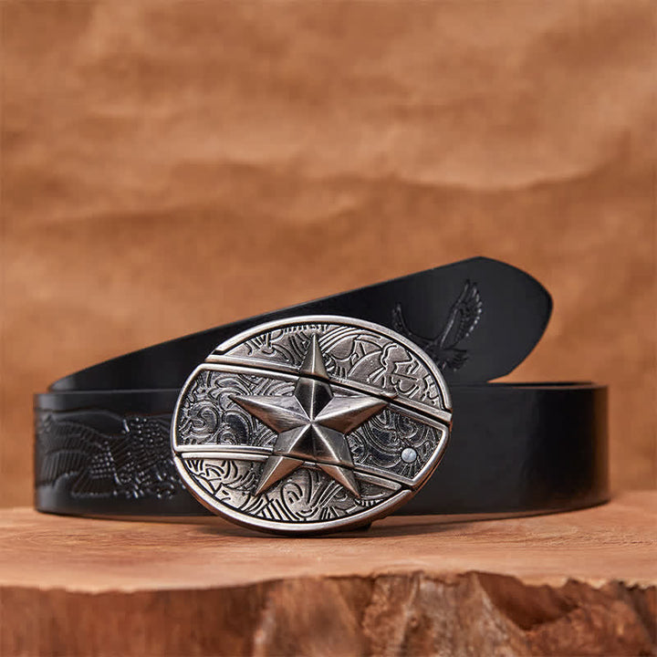 Men's DIY Pentagram Hidden Folding Knife Leather Belt - Pentagram - Black Embossed Eagle Belt - 42 - image 6