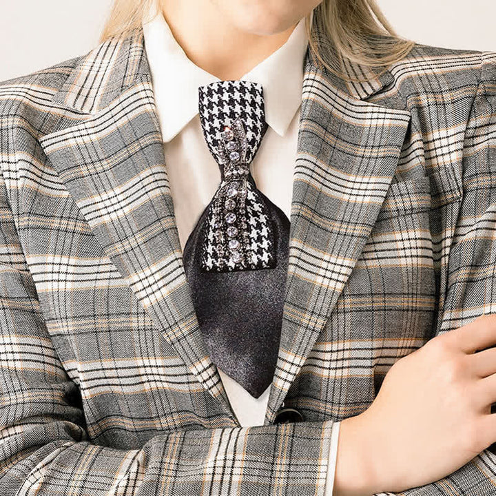 Black Houndstooth Rhinestone Bow Shape Creative Necktie - Black - image 0