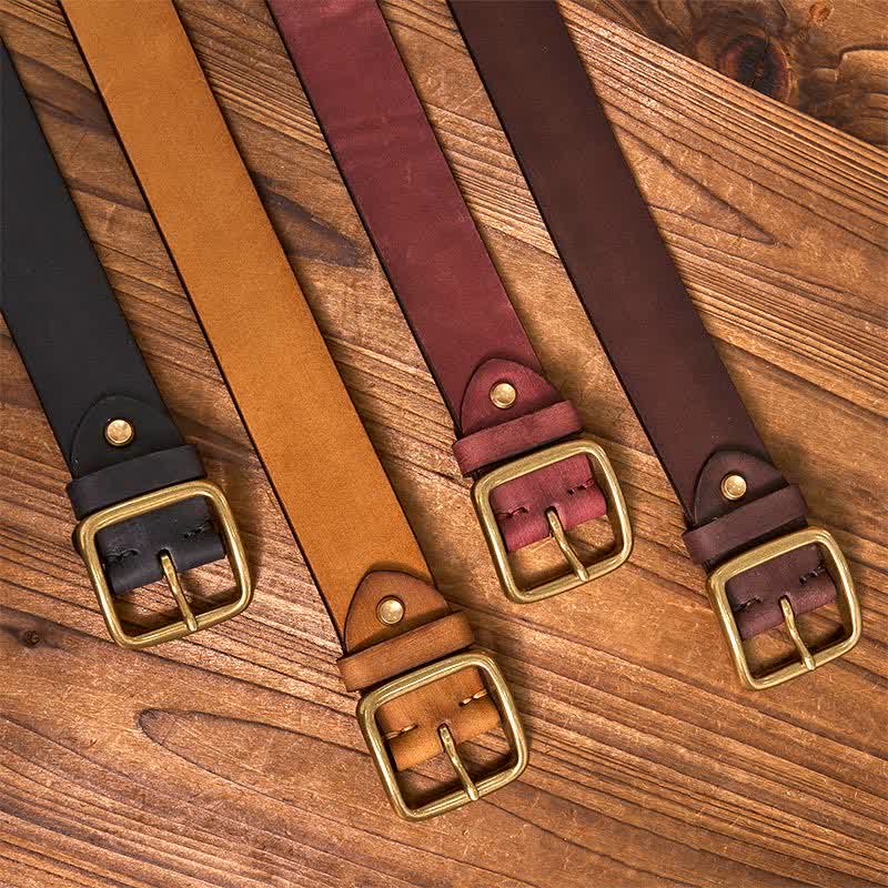 Simple Chic Vintage Brass Square Buckle Leather Belt - image 1