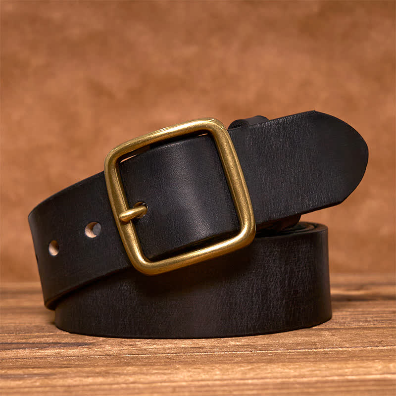 Simple Chic Vintage Brass Square Buckle Leather Belt - Black - 44 - image 9