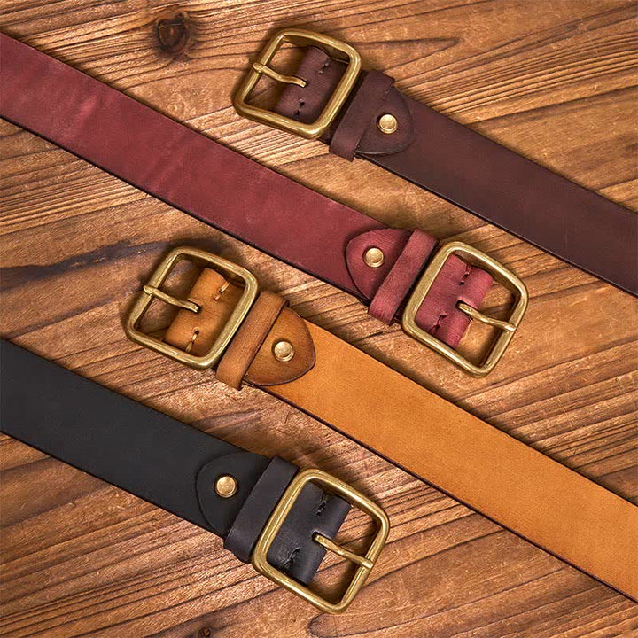 Simple Chic Vintage Brass Square Buckle Leather Belt - image 2