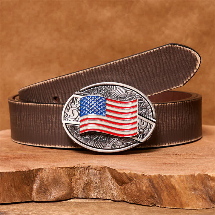 Men's DIY American Flag Hidden Folding Knife Leather Belt - American Flag - Brown Distressed Belt - 42 - image 7