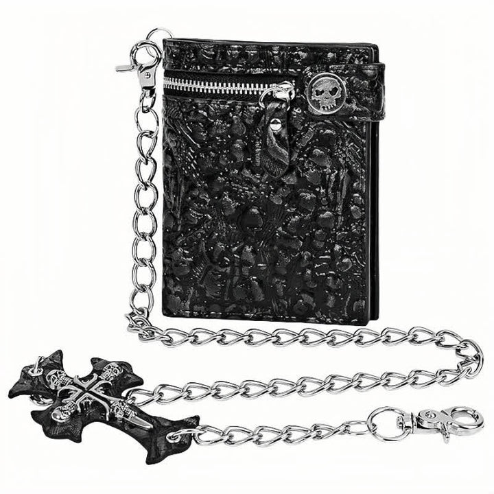 Black Gothic Death God Skull Leather Wallet With Chain