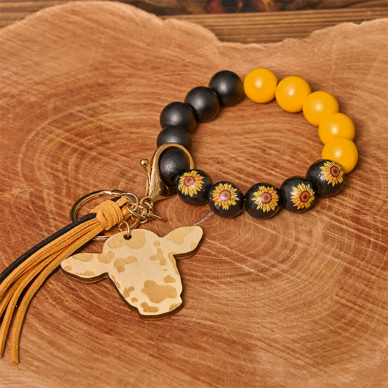Cow Wooden Beads Wristlet Western Bracelet With Tassel - Sunflower - image 0