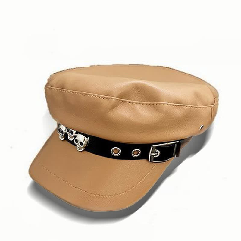 Unisex Dark Style Skull Studded Leather Beret Hat