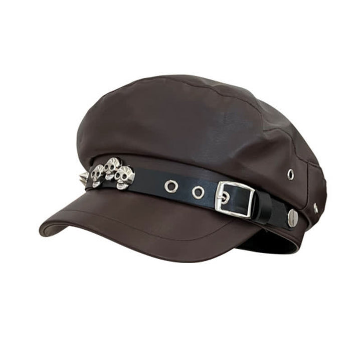 Unisex Dark Style Skull Studded Leather Beret Hat