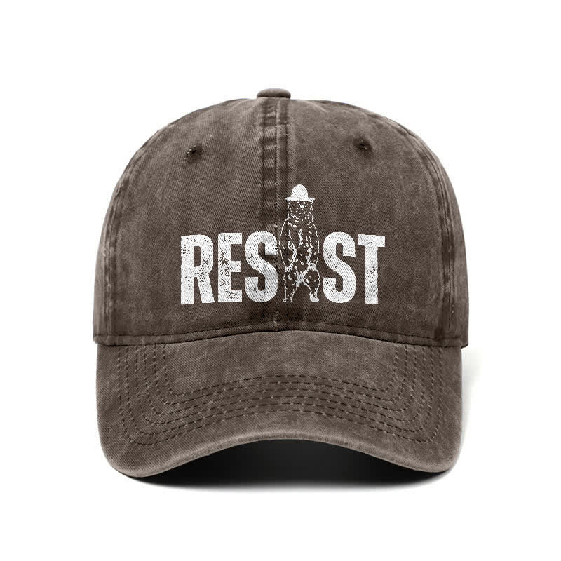 Resist Bear Print Washed Denim Adjustable Baseball Cap