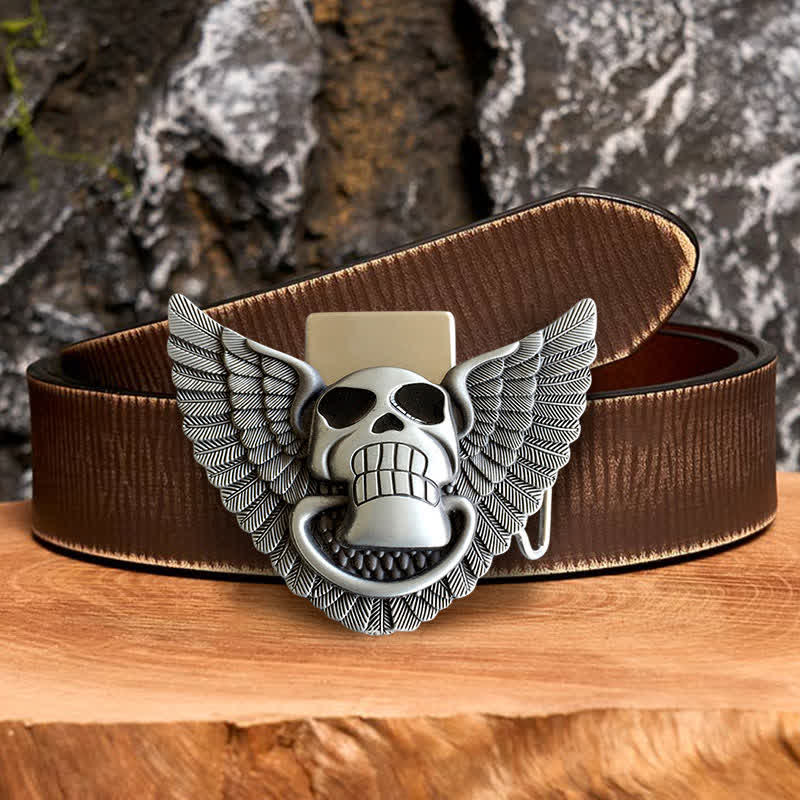 Men's DIY Skull Angel Wings Leather Belt with Hidden Lighter