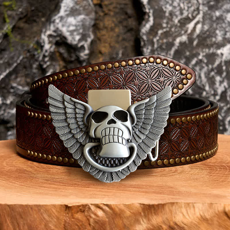 Men's DIY Skull Angel Wings Leather Belt with Hidden Lighter