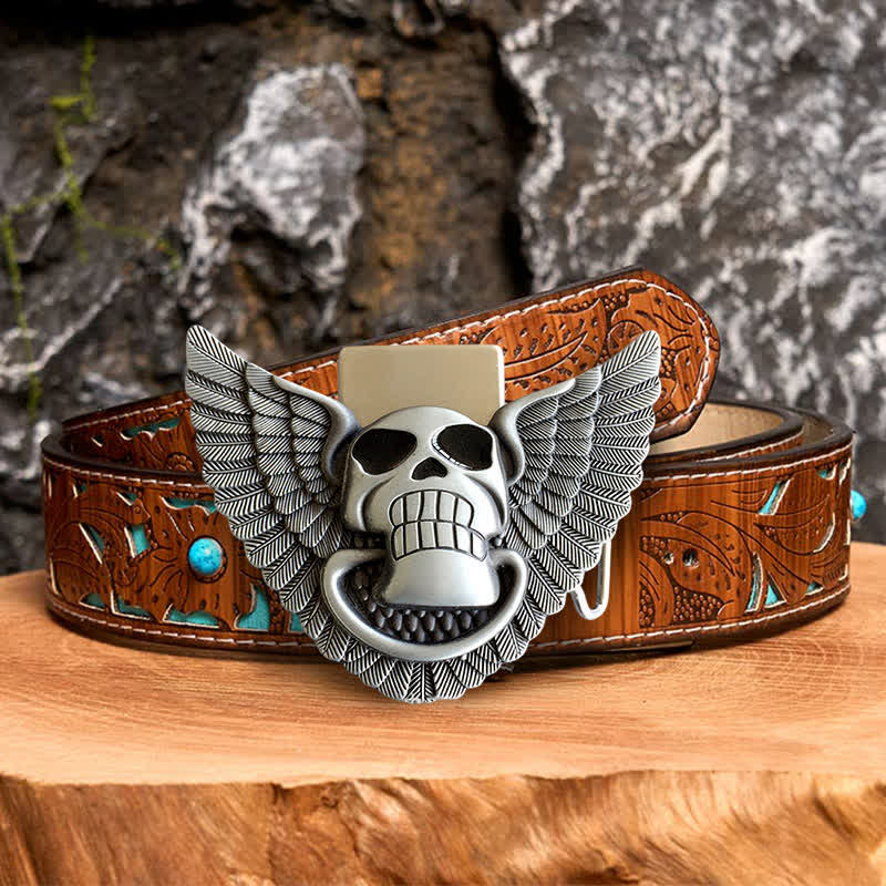Men's DIY Skull Angel Wings Leather Belt with Hidden Lighter