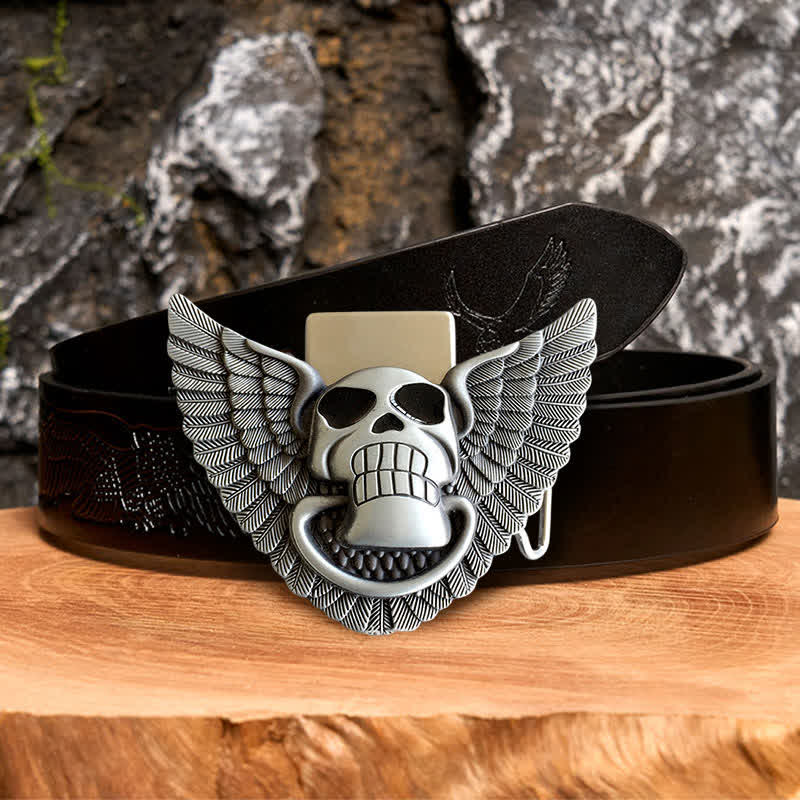 Men's DIY Skull Angel Wings Leather Belt with Hidden Lighter