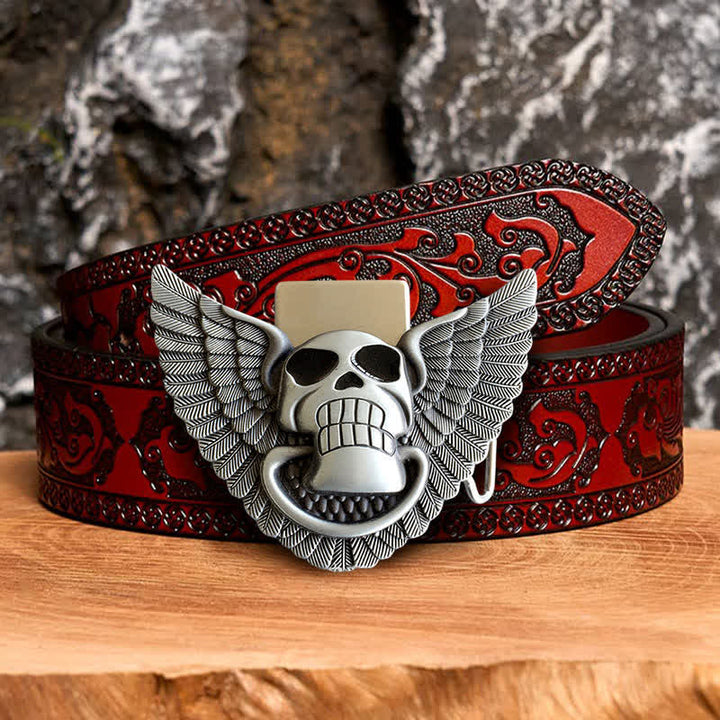 Men's DIY Skull Angel Wings Leather Belt with Hidden Lighter