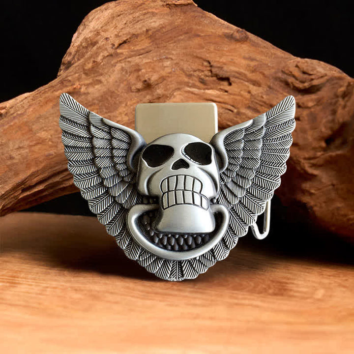 Men's DIY Skull Angel Wings Leather Belt with Hidden Lighter
