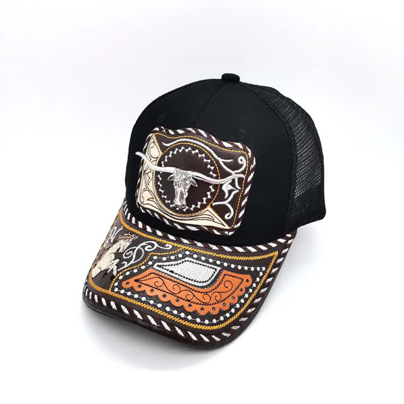 Black 3d Metal Pattern Western Ethnic Fashion Mexican Truck Hat (Pre-Sale) - Bull - Adjustable (About 22"-23 5/8") - image 1