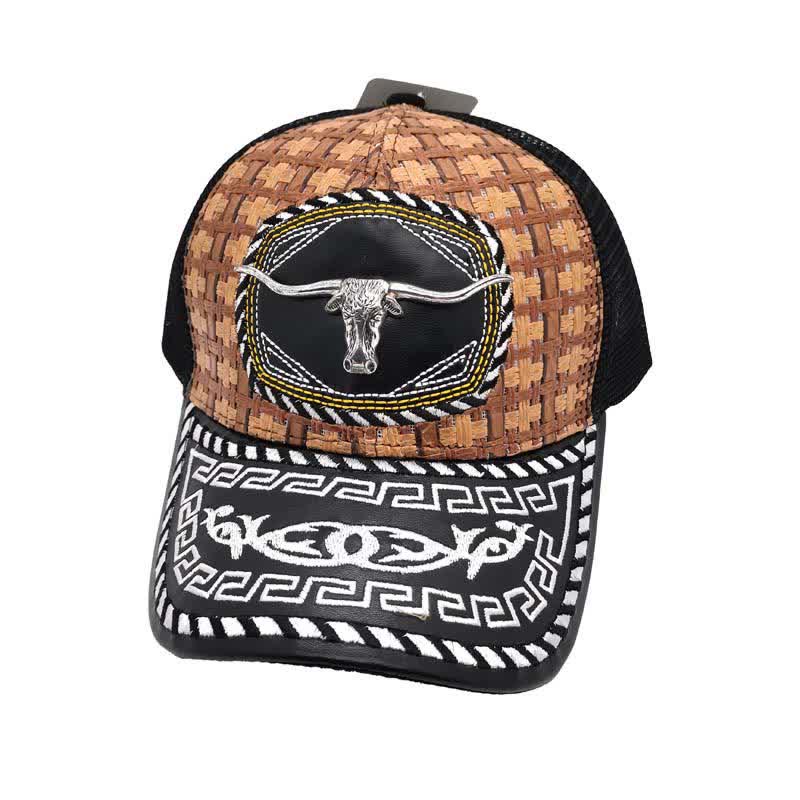 Brown Weave 3d Metal Pattern Mexican Ethnic Mesh Truck Hat (Pre-Sale) - Bull - M (22"-22 7/8") - image 1