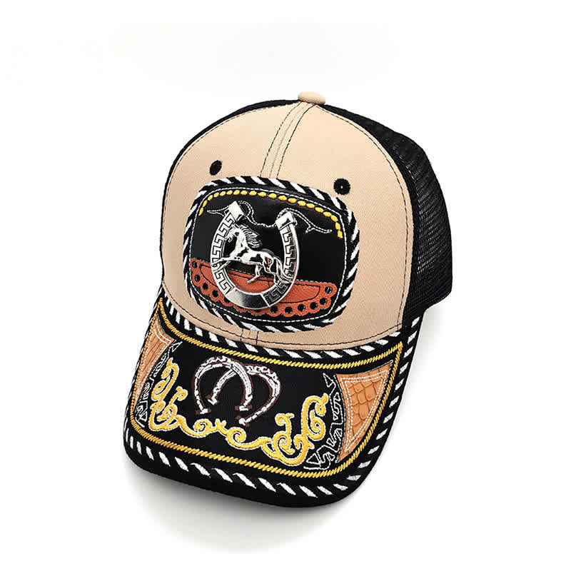 Beige Embroidery 3d Metal Decor Mexican Ethnic Mesh Truck Hat (Pre-Sale) - Horseshoe - Adjustable (22"-23 5/8") - image 1