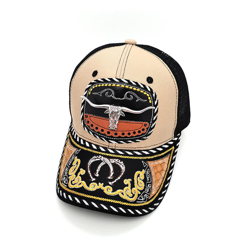 Beige Embroidery 3d Metal Decor Mexican Ethnic Mesh Truck Hat (Pre-Sale) - Bull - Adjustable (22"-23 5/8") - image 4