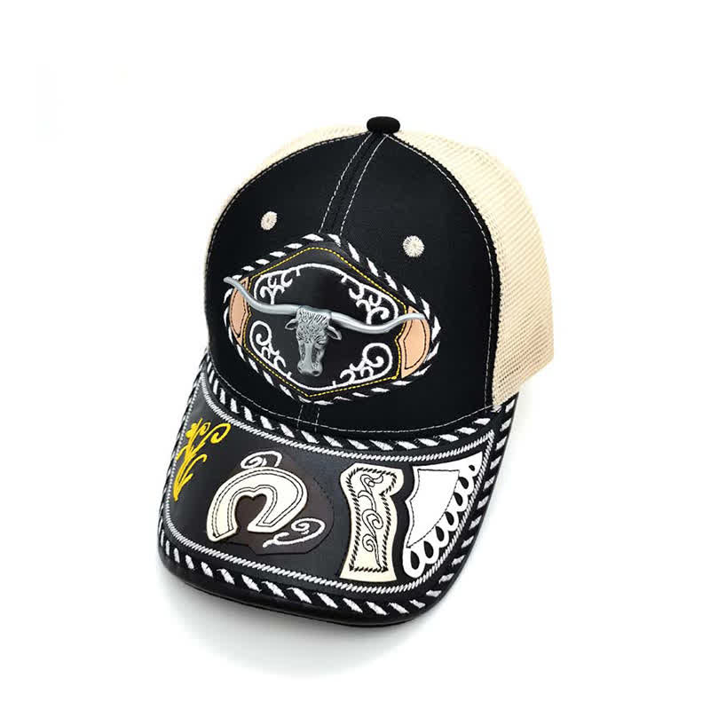 Black 3d Metal Decor Ethnic Mexican Beige Mesh Truck Hat (Pre-Sale) - Bull - Adjustable (About 22"-23 5/8") - image 1