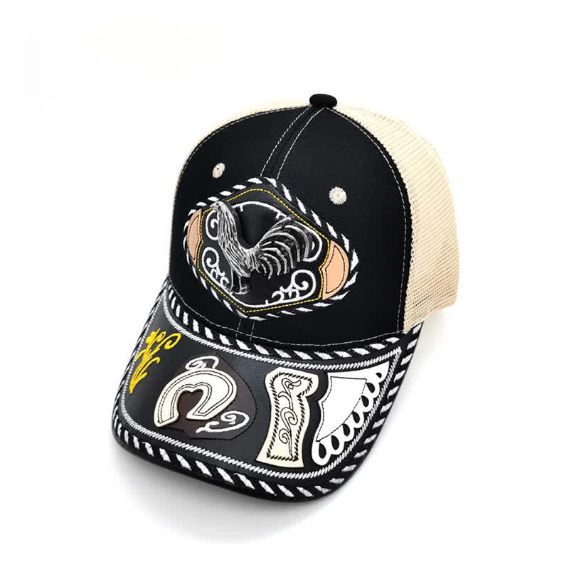 Black 3d Metal Decor Ethnic Mexican Beige Mesh Truck Hat (Pre-Sale) - Rooster - Adjustable (About 22"-23 5/8") - image 6