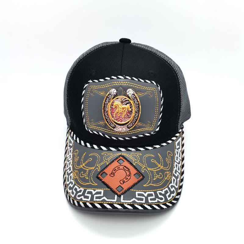 Gold 3d Horseshoe Metal Decor Ethnic Mexican Gray Mesh Truck Hat (Pre-Sale) - image 2