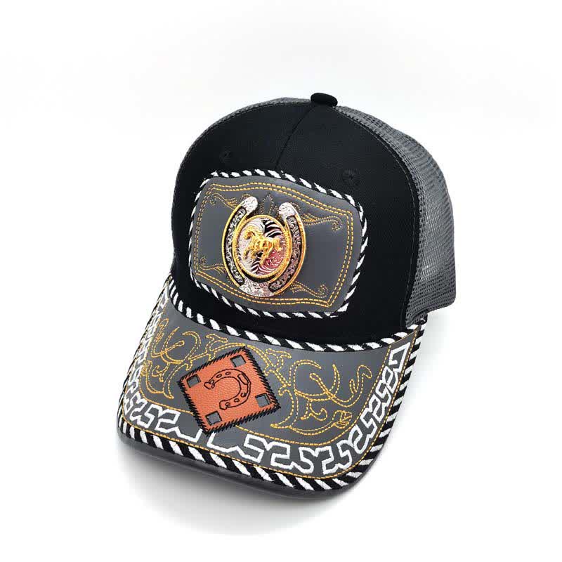 Gold 3d Horseshoe Metal Decor Ethnic Mexican Gray Mesh Truck Hat (Pre-Sale) - Horse - Adjustable (About 22"-23 5/8") - image 1