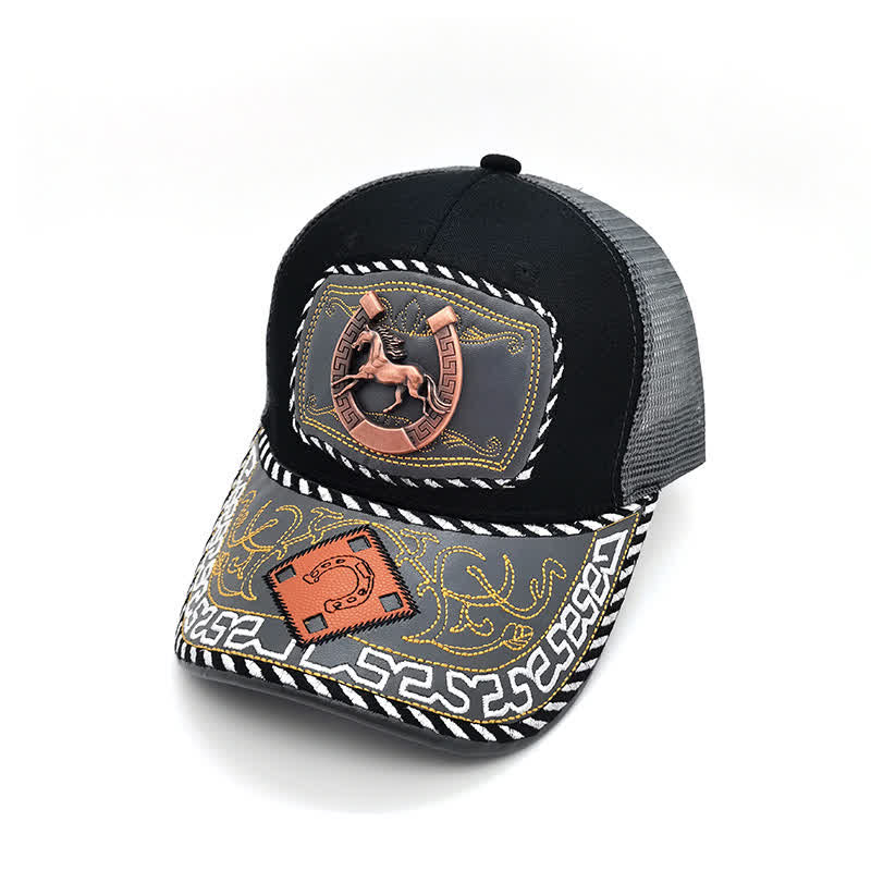 Copper Color 3d Metal Decor Ethnic Mexican Gray Mesh Truck Hat (Pre-Sale) - Horseshoe - M (22"-22 7/8") - image 1