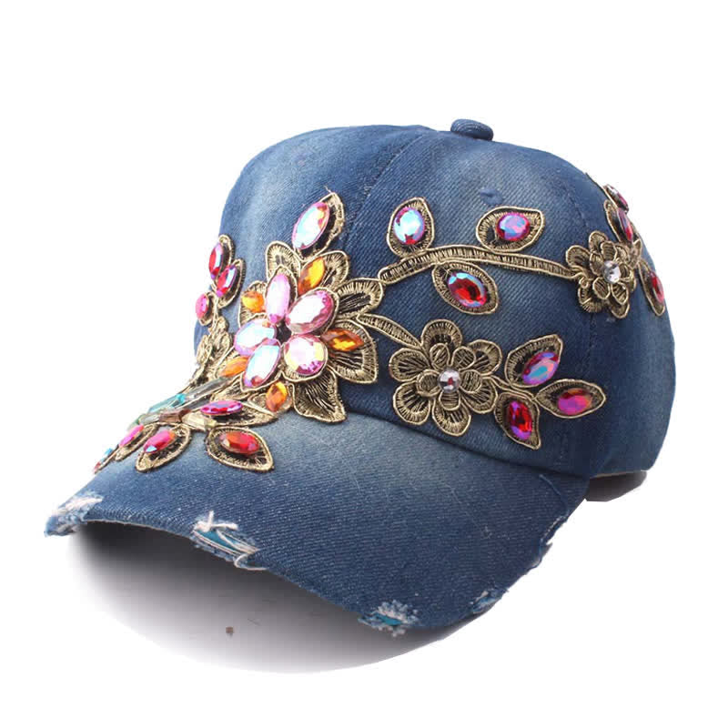 Sequin Flower Crystal Embroidery Floral Adjustable Baseball Cap - Dark Blue - Adjustable (About 21 5/8"-22 7/8") - image 1
