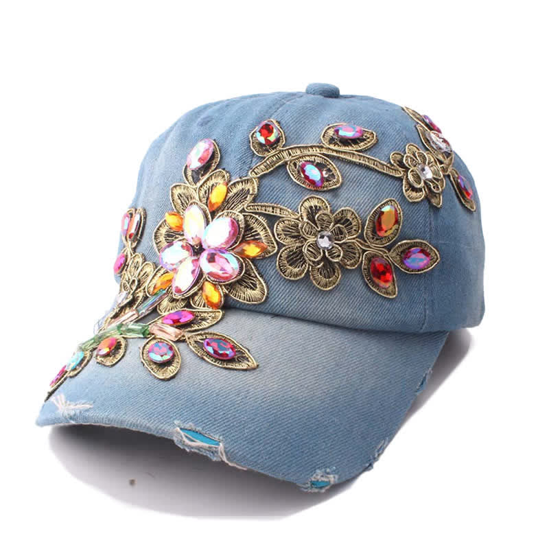 Sequin Flower Crystal Embroidery Floral Adjustable Baseball Cap - Blue - Adjustable (About 21 5/8"-22 7/8") - image 8