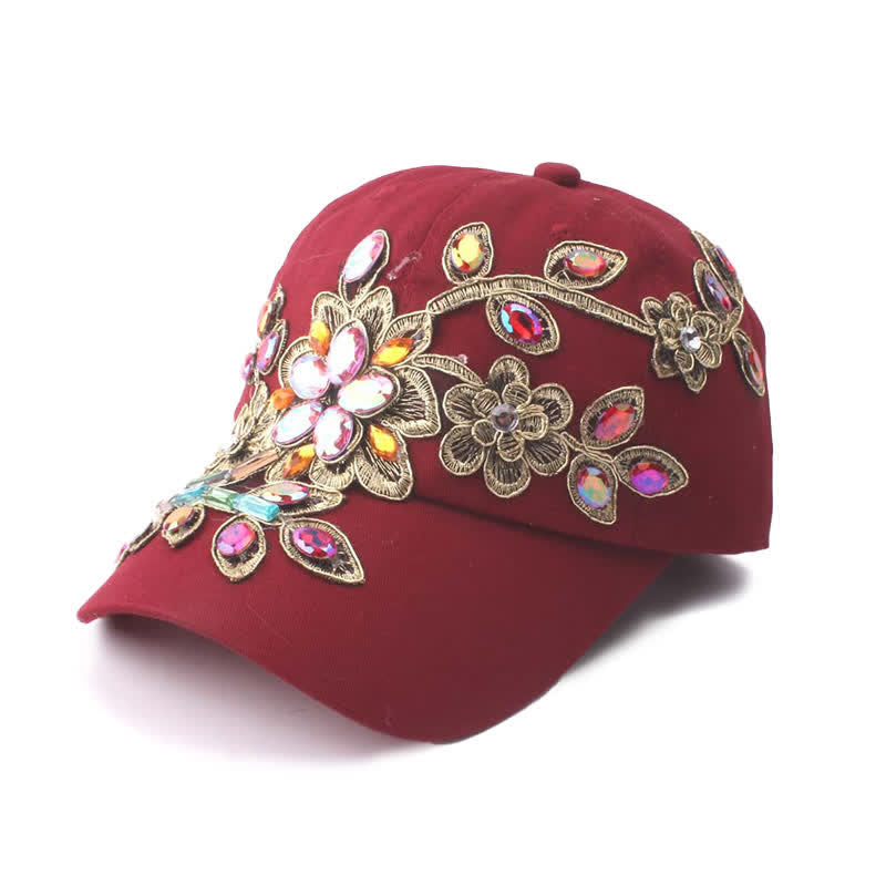 Sequin Flower Crystal Embroidery Floral Adjustable Baseball Cap - Burgundy - Adjustable (About 21 5/8"-22 7/8") - image 6