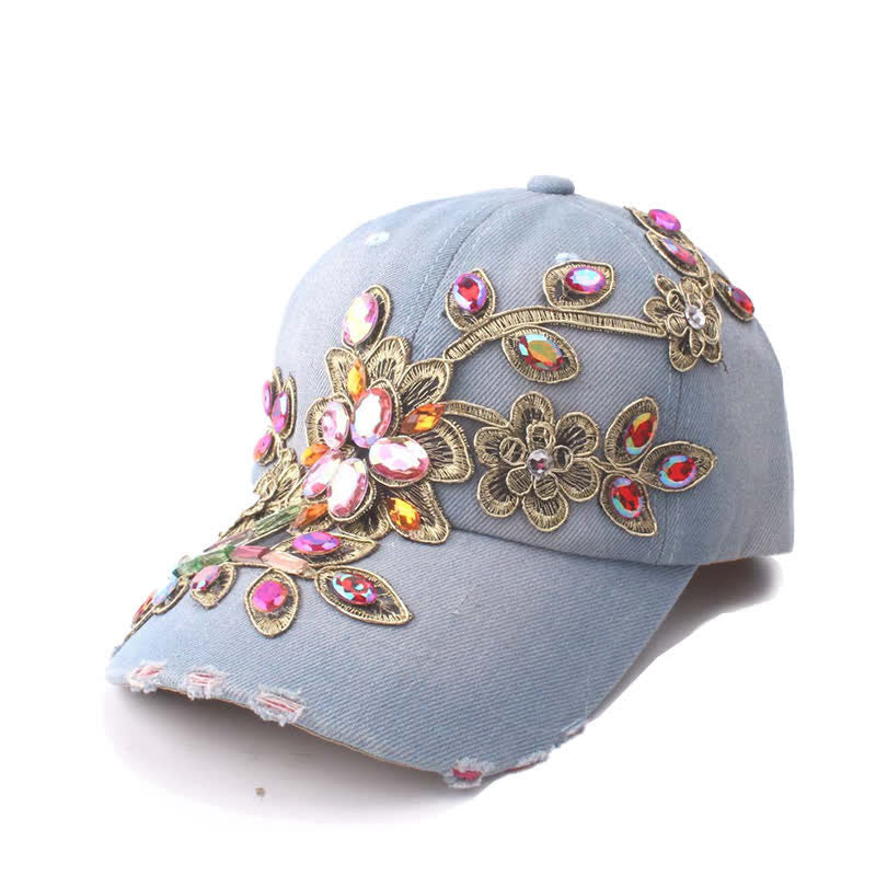 Sequin Flower Crystal Embroidery Floral Adjustable Baseball Cap - Light Blue - Adjustable (About 21 5/8"-22 7/8") - image 2