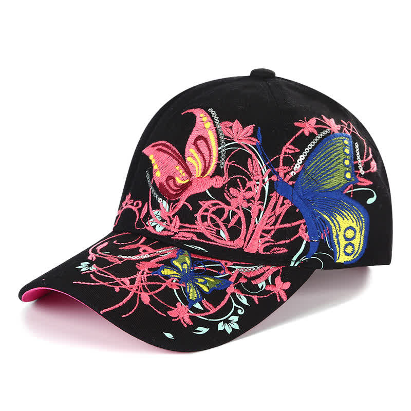Butterfly Embroidery Floral Adjustable Baseball Cap - Black - Adjustable (About 21 5/8"-22 7/8") - image 1