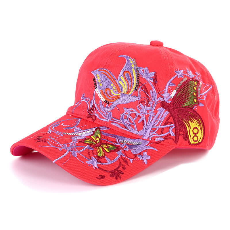 Butterfly Embroidery Floral Adjustable Baseball Cap - Red - Adjustable (About 21 5/8"-22 7/8") - image 2