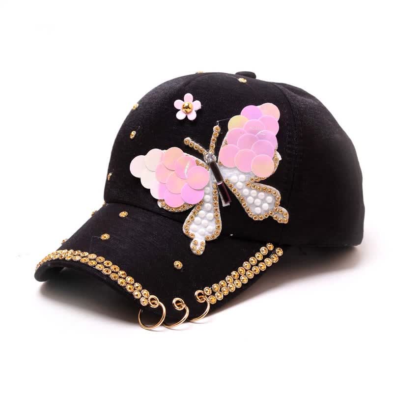 Pink Bling Sequin Butterfly Adjustable Baseball Cap - Black - Adjustable (About 21 5/8"-22 7/8") - image 1