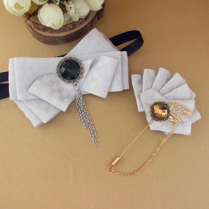 2Pcs Ribbon Checked Pattern Pin Bow Tie Set - Light Gray - image 9
