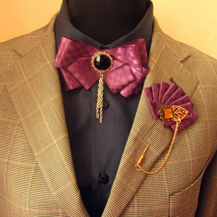 2Pcs Ribbon Checked Pattern Pin Bow Tie Set - image 8