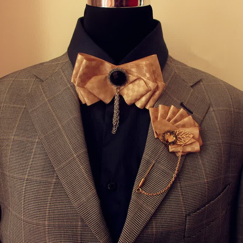 2Pcs Ribbon Checked Pattern Pin Bow Tie Set - image 0
