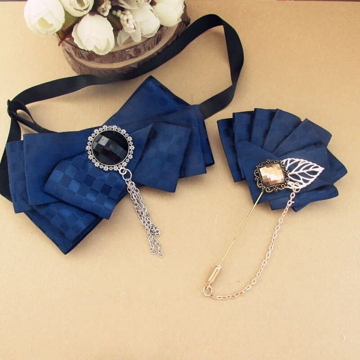 2Pcs Ribbon Checked Pattern Pin Bow Tie Set - Navy - image 5
