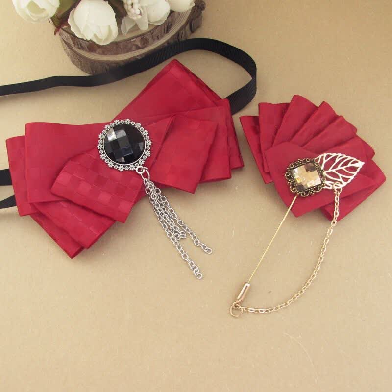 2Pcs Ribbon Checked Pattern Pin Bow Tie Set - Red - image 3