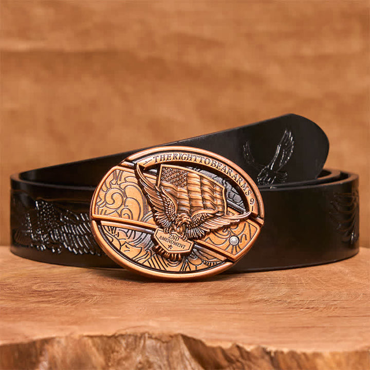 Men's DIY Red Bronze Eagle USA Flag Hidden Folding Knife Leather Belt - Eagle - Black Embossed Eagle Belt - 42 - image 7