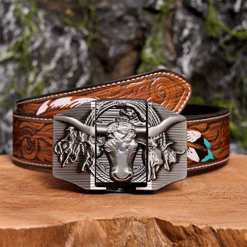 Men's DIY Silver Domineering Bull Leather Belt with Hidden Lighter - Longhorn Bull - Brown Feather Belt - 40 - image 11