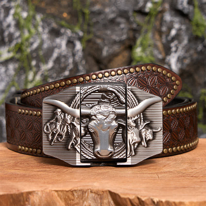 Men's DIY Silver Domineering Bull Leather Belt with Hidden Lighter - Longhorn Bull - Brown Rivet Belt - 42 - image 8