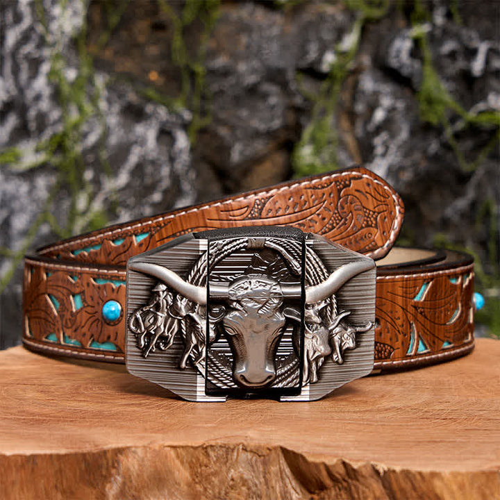 Men's DIY Silver Domineering Bull Leather Belt with Hidden Lighter - Longhorn Bull - Turquoise Carved Belt - 42 - image 7