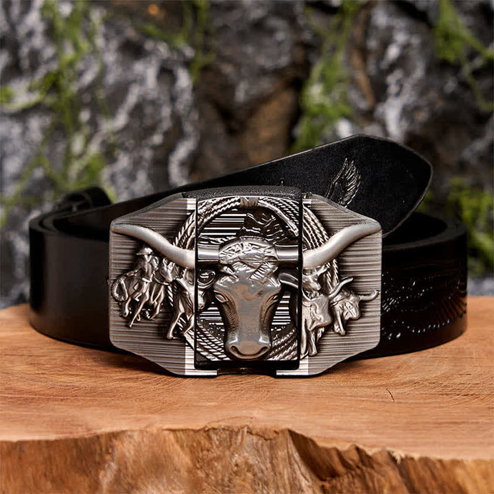 Men's DIY Silver Domineering Bull Leather Belt with Hidden Lighter - Longhorn Bull - Black Embossed Eagle Belt - 42 - image 3
