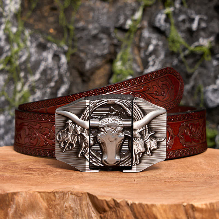 Men's DIY Silver Domineering Bull Leather Belt with Hidden Lighter - Longhorn Bull - Brown Carved Belt - 42 - image 10
