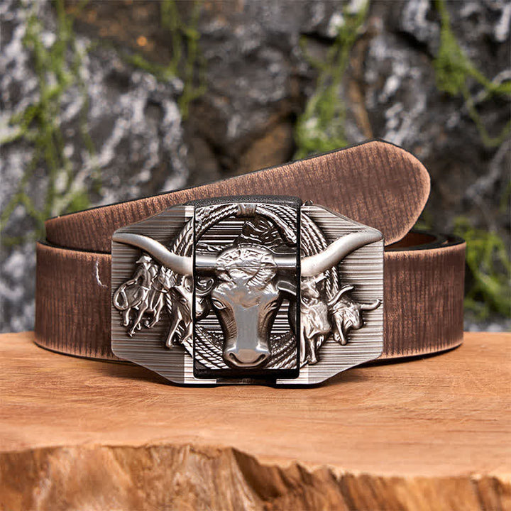 Men's DIY Silver Domineering Bull Leather Belt with Hidden Lighter - Longhorn Bull - Brown Distressed Belt - 42 - image 9