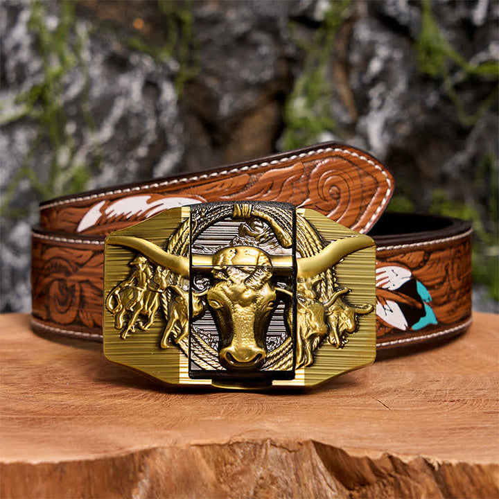 Men's DIY Golden Domineering Bull Leather Belt with Hidden Lighter - Longhorn Bull - Brown Feather Belt - 40 - image 10
