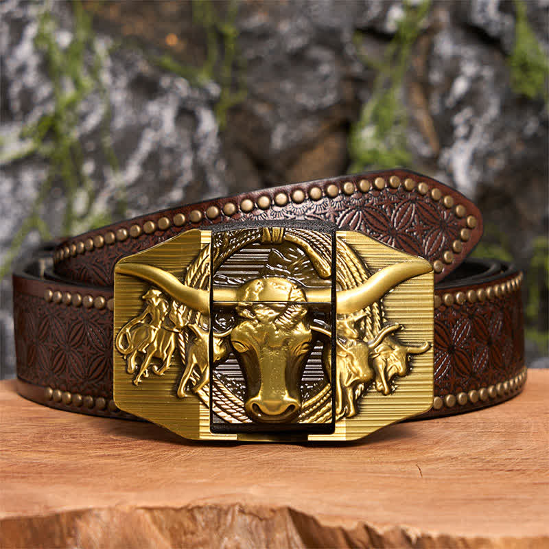 Men's DIY Golden Domineering Bull Leather Belt with Hidden Lighter - Longhorn Bull - Brown Rivet Belt - 42 - image 7