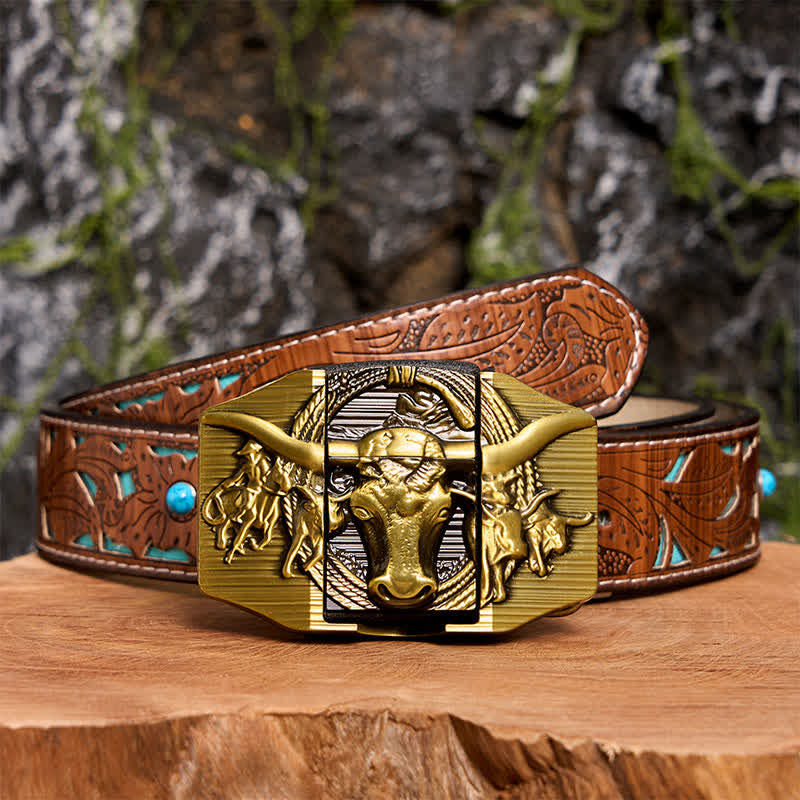 Men's DIY Golden Domineering Bull Leather Belt with Hidden Lighter - Longhorn Bull - Turquoise Carved Belt - 42 - image 6